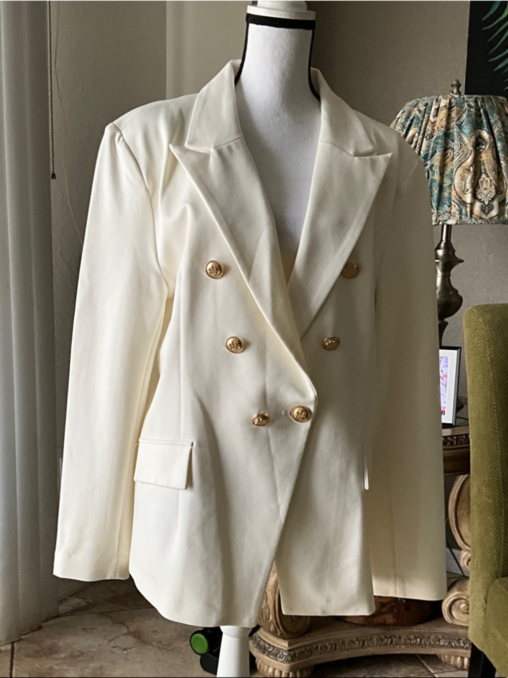 Cream Double-Breasted Blazer with Gold Buttons